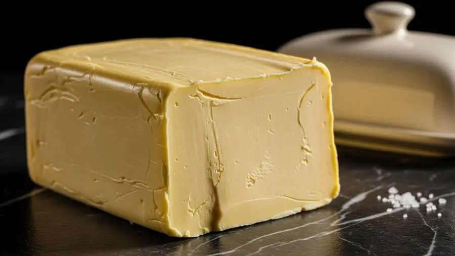 "Manteiga europeia no ponto de temperatura ambiente — levemente amolecida mas ainda estruturada. A cor amarela mais intensa que a manteiga comum é consequência do betacaroteno no leite de vacas criadas em pastagem." -->