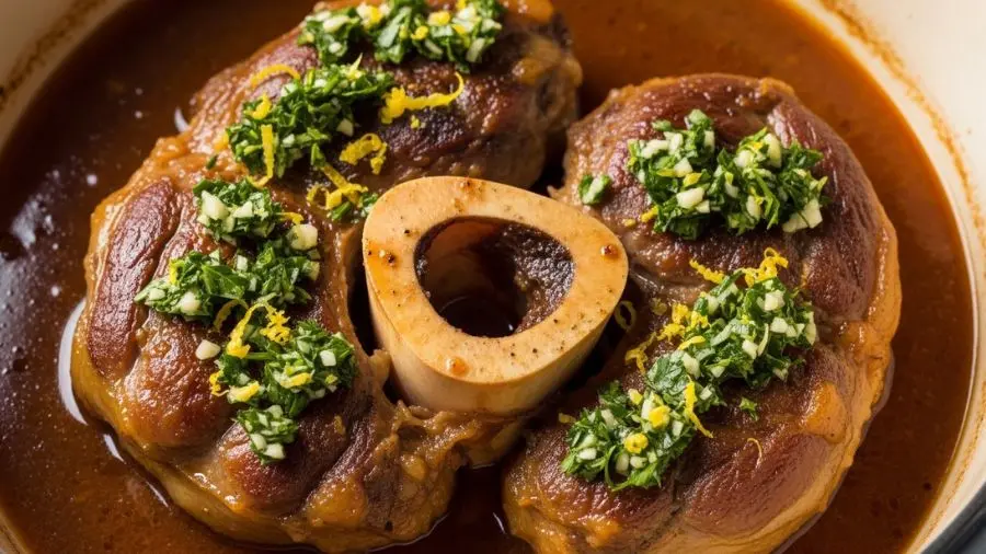 "Ossobuco alla Milanese no ponto: carne que cede ao toque de garfo mas ainda tem estrutura, tutano exposto brilhante e a gremolata adicionada nos últimos minutos — não no começo, nunca cozida." -->