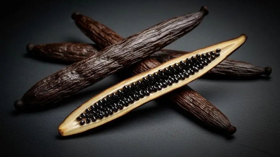 "Fava de baunilha de Madagáscar de qualidade: escura, oleosa, flexível, gordinha. Quando você a dobra, não deve rachar — deve curvar como couro. Essas são as sementes (caviar) que definem o sabor que nenhum extrato artificial consegue replicar." -->