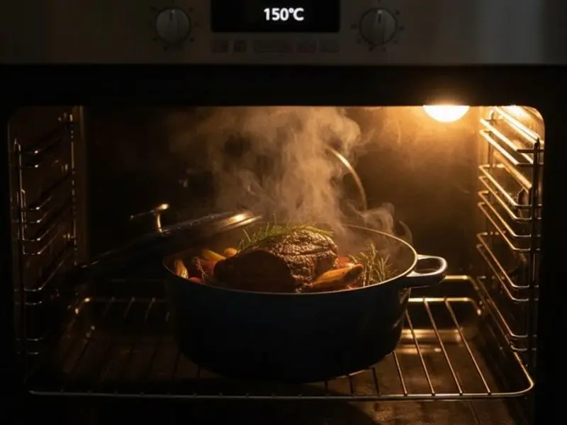 "Cocotte de ferro fundido com tampa entreaberta no forno a 150 graus com vapor escapando e caldo braseando lentamente carne bovina na técnica de brasear correta"