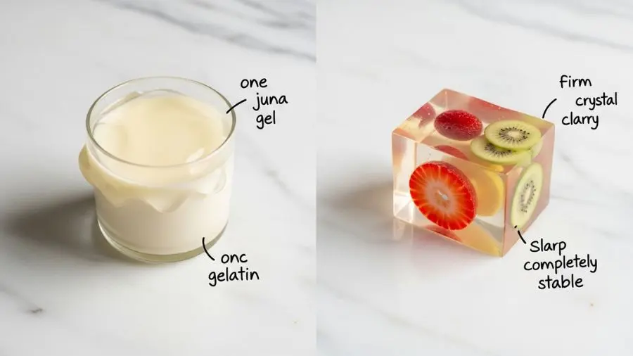 "Comparação científica lado a lado em mármore branco à esquerda panna cotta perfeitamente gelificada com gelatina em pequeno copo levemente translúcida cor creme com superfície mole e trêmula mostrando claramente a textura característica de balanço da gelatina à direita cubo firme e cristalino de gel de agar com seção transversal de frutas suspensas no interior cantos nítidos clareza de vidro completamente estável etiquetas manuscritas pequenas identificando cada um iluminação natural suave de cima diferença de textura imediatamente clara" 