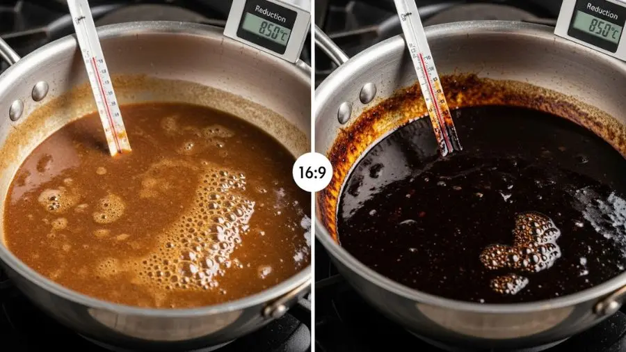 "Comparação de dois estágios da redução do demi-glace em panela pesada e larga lado esquerdo molho marrom claro e mais líquido início da redução lado direito quase negro espesso e brilhante estágio final termômetro marcando 85 graus celsius com bolhas lentas e preguiçosas em iluminação de cozinha profissional" 