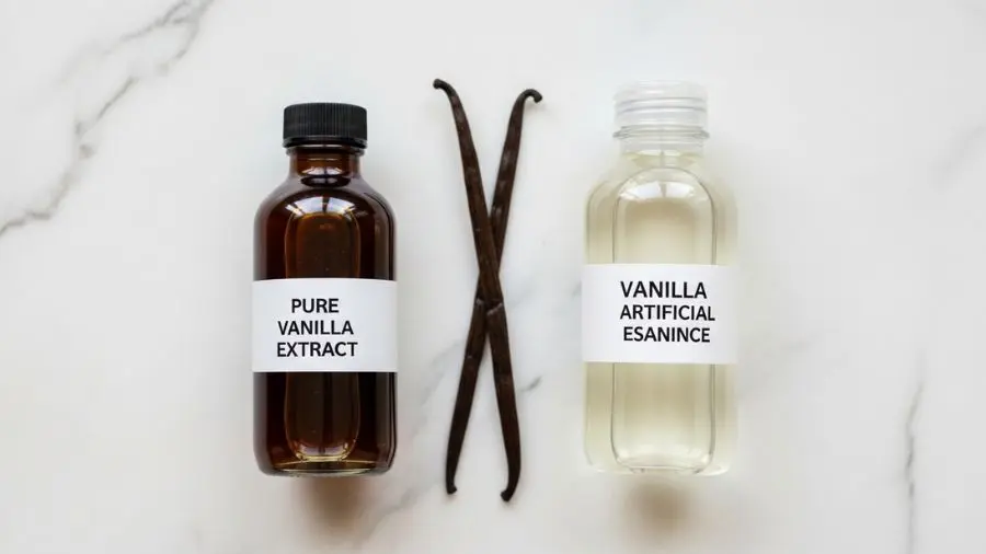 "Comparação educacional lado a lado em mármore branco à esquerda pequeno frasco de vidro escuro rotulado Extrato Puro de Baunilha líquido âmbar escuro e levemente turvo mostrando complexidade natural à direita garrafa plástica transparente rotulada Essência de Baunilha líquido pálido quase incolor e perfeitamente claro fava de baunilha descansando entre eles contraste entre os dois produtos claro e informativo iluminação natural suave de cima" 