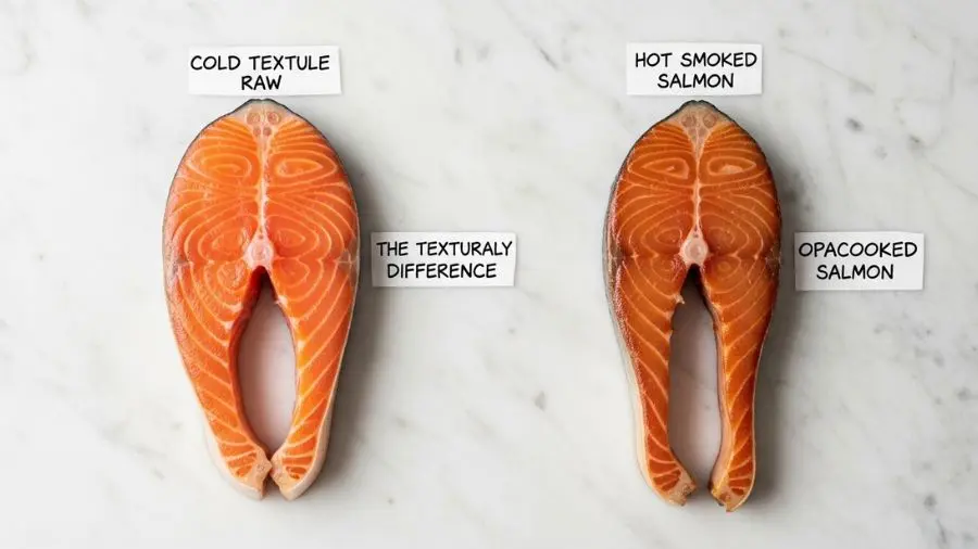 "Comparação educacional lado a lado em superfície de mármore à esquerda salmão defumado a frio textura crua laranja-rosa vibrante translúcido no centro superfície levemente brilhante fatiado fino mostrando textura delicada à direita salmão defumado a quente opaco cozido completamente cor mais escura laranja-marronzada textura escamosa visível na superfície de corte etiquetas manuscritas pequenas identificando cada um iluminação natural de cima diferença de textura imediatamente clara"