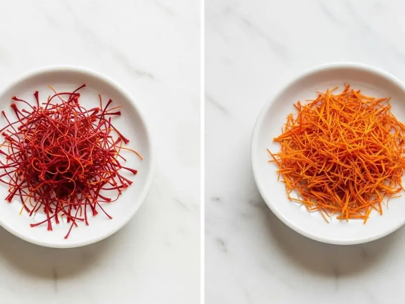 "Comparação educativa entre açafrão autêntico vermelho-carmim com pontas laranjas à esquerda e açafrão adulterado uniformemente laranja à direita em recipientes brancos idênticos em mármore"