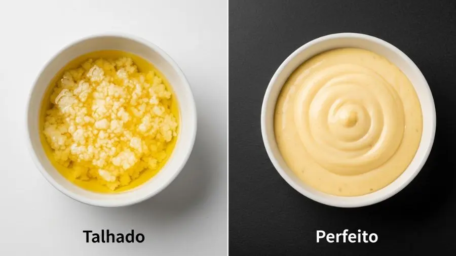 "Comparação lado a lado de molho hollandaise talhado à esquerda com textura granulada e gordura separada versus hollandaise perfeito à direita amarelo pálido cremoso e emulsionado impecavelmente" 