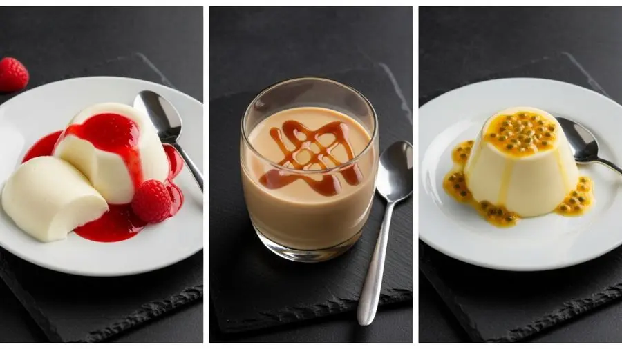 "Composição em tríptico de três panna cottas individuais em apresentações diferentes em superfície de ardósia escura à esquerda panna cotta clássica branca desenformada em prato com coulis vermelho vivo de framboesa ao centro panna cotta de café bege-marrom em copo de vidro com fio de caramelo à direita panna cotta de baunilha com coulis de maracujá e sementes todas elegantes e emplatadas profissionalmente" 