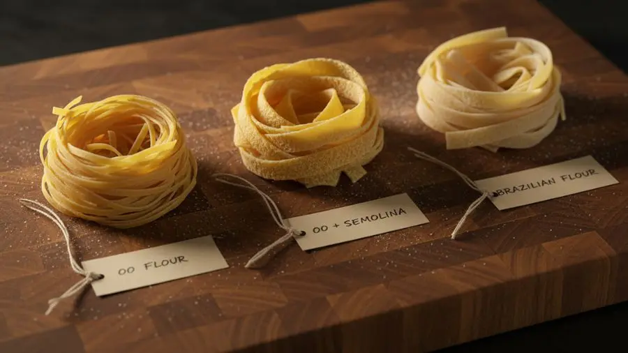 "Composição em tríptico em tábua de madeira escura com três ninhos de massa fresca feitos com farinhas diferentes com etiquetas escritas à mão à esquerda tagliatelle sedoso dourado de farinha 00 ao centro pappardelle mais rugosa e dourada de mistura 00 mais semolina à direita tiras de massa mais pálidas e opacas de farinha comum brasileira com diferenças de textura claramente visíveis em iluminação lateral dramática e quente" 