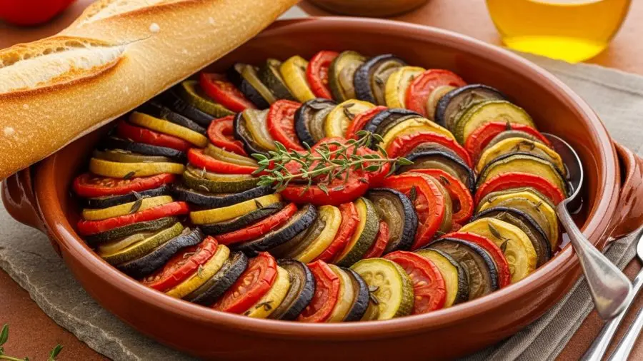 "Confit byaldi versão elegante da ratatouille receita com fatias finas precisas de tomate abobrinha beringela e pimentão em escamas concêntricas sobre piperade vermelha profunda" 