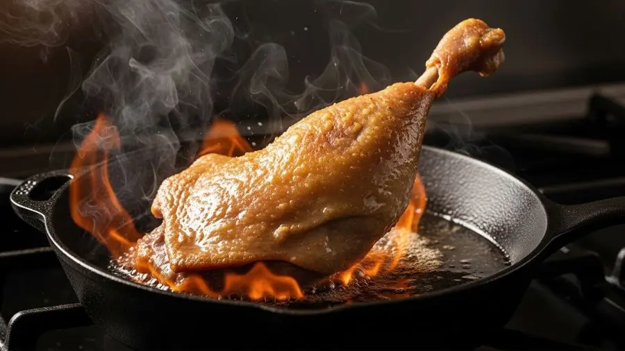 "Essa pele crocante é o resultado de 8 horas de cozimento lento mais 4 minutos de frigideira quente. Não tem atalho para esse resultado." -->