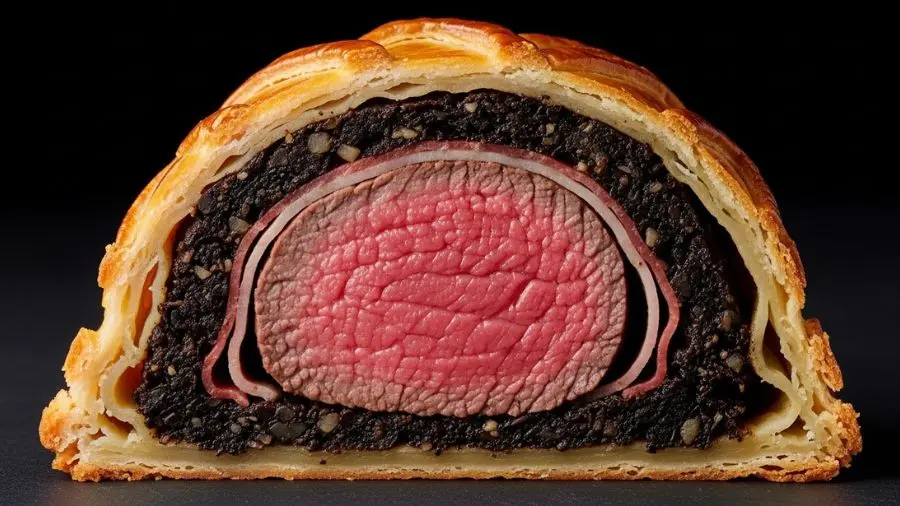 "O corte que revela tudo: massa crocante sem encharcamento, duxelles homogêneo, presunto em camada fina, e o filé ao ponto — rosa uniforme do centro à borda. Cada uma dessas quatro camadas tem sua técnica e seu momento de falha. Este artigo trata de cada uma." -->