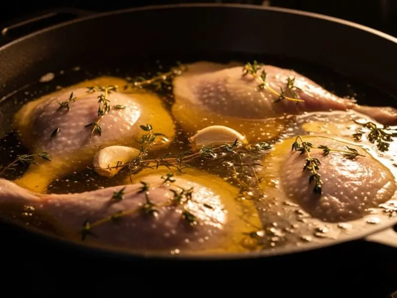 "Coxas de pato completamente submersas em gordura de pato dourada em cocotte de ferro fundido no forno a baixa temperatura no processo de confit de canard com tomilho e alho visíveis"
