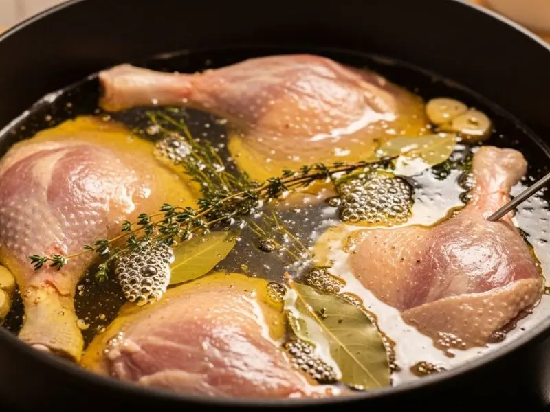 "Coxas de pato completamente submersas em gordura dourada a 82°C em caçarola de ferro fundido com tomilho alho e louro visíveis e termômetro indicando temperatura para confit de canard"