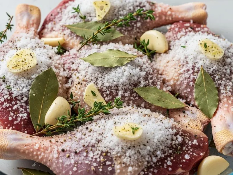 "Coxas de pato em cura com sal grosso aromáticos tomilho alho folha de louro e pimenta em recipiente de vidro mostrando primeira etapa obrigatória do confit de canard"