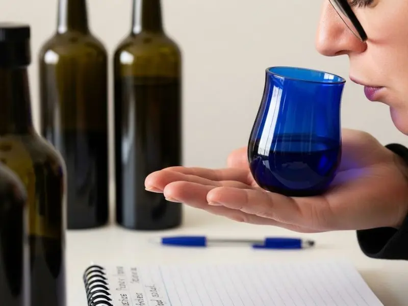 "Degustação profissional de azeite de oliva extra virgem com copo azul escuro padrão aquecido na palma da mão sendo inalado pelo provador com anotações ao lado e garrafas sem rótulo ao fundo" 