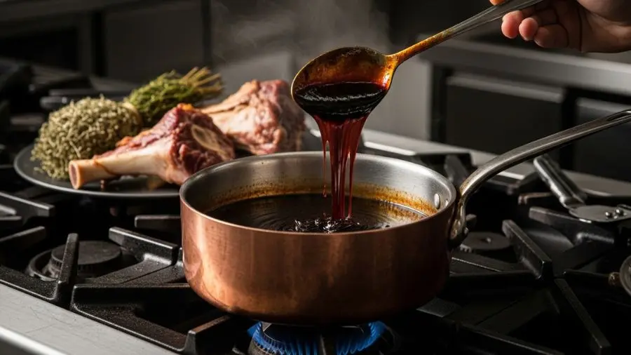 "Demi-glace no ponto final: quase preto, brilho de verniz, cai da colher em fitas que levam segundos para se dissolver. Duas colheres de sopa disso valem uma hora de qualquer outro molho." -->