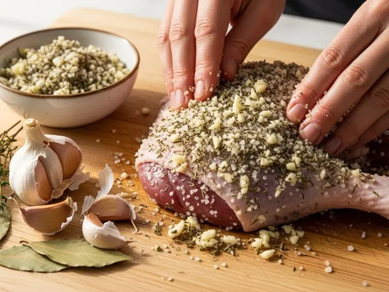 "Coxas de pato cruas sendo cobertas com mistura de salga grossa com tomilho alho e louro na preparação do confit de canard antes do cozimento na gordura"
