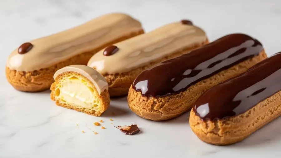 "Éclair finalizado: casca dourada, recheio generoso, cobertura uniforme — três técnicas distintas em perfeito equilíbrio."