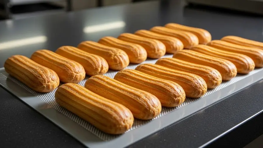 "éclairs recém assados dourados sobre tapete de silicone em bancada de confeitaria"