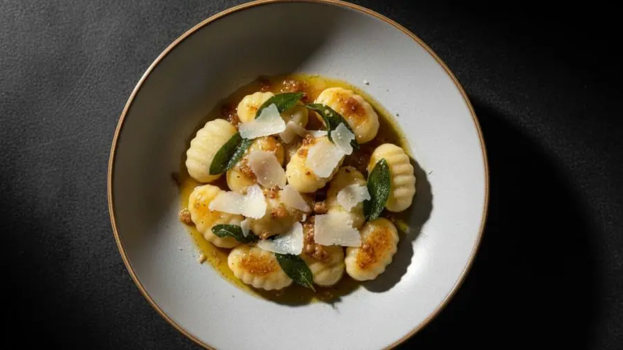 "Emplatamento elegante de gnocchi em estilo restaurante peças fofinhas e leves douradas pela manteiga noisette com estrias visíveis segurando o molho em tigela rasa e larga parmigiano reggiano derretendo por cima fundo escuro e iluminação dramática de cima" 