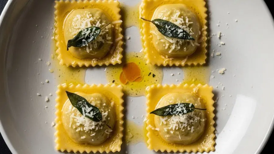 "Emplatamento elegante de ravioli fresco quatro peças quadradas grandes dispostas com precisão em tigela rasa e larga cobertas em molho brilhante de manteiga noisette com folhas de sálvia crocantes parmigiano ralado por cima fio de manteiga noisette ao centro fundo escuro e iluminação dramática de cima" 