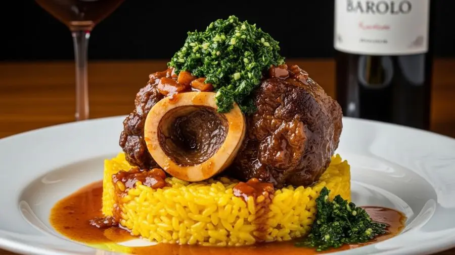 "Emplatamento elegante de restaurante de ossobuco alla milanese única peça grande de ossobuco mostrando o osso oco preenchido com tutano brilhante descansando sobre monte de risotto alla milanese amarelo-dourado com açafrão molho de braseado servido sobre a carne e o risotto criando verniz âmbar profundo generosa quantidade de gremolata verde brilhante espalhada por cima verde vívido contra o risotto dourado e o molho escuro visualmente impressionante taça de vinho barolo visível ao fundo iluminação dramática de restaurante" 