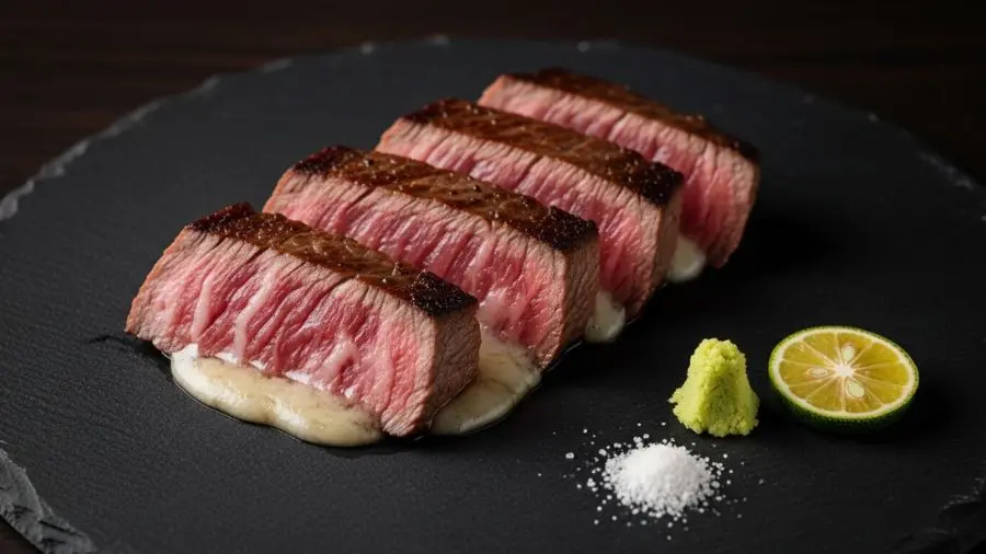 "Emplatamento elegante e minimalista de wagyu A5: três fatias finas de cerca de 1cm cada de wagyu ribeye perfeitamente selado dispostas diagonalmente em prato de ardósia escura crosta profunda e uniforme color mogno da reação de Maillard superfície do corte revelando interior rosado e marmoreio claramente visível de gordura derretida e semiderretida com pequena quenelle de wasabi fresco ralado pilha pequena de flor de sal e fatia fina de yuzu completando guarnição de inspiração japonesa em iluminação dramática de restaurante"