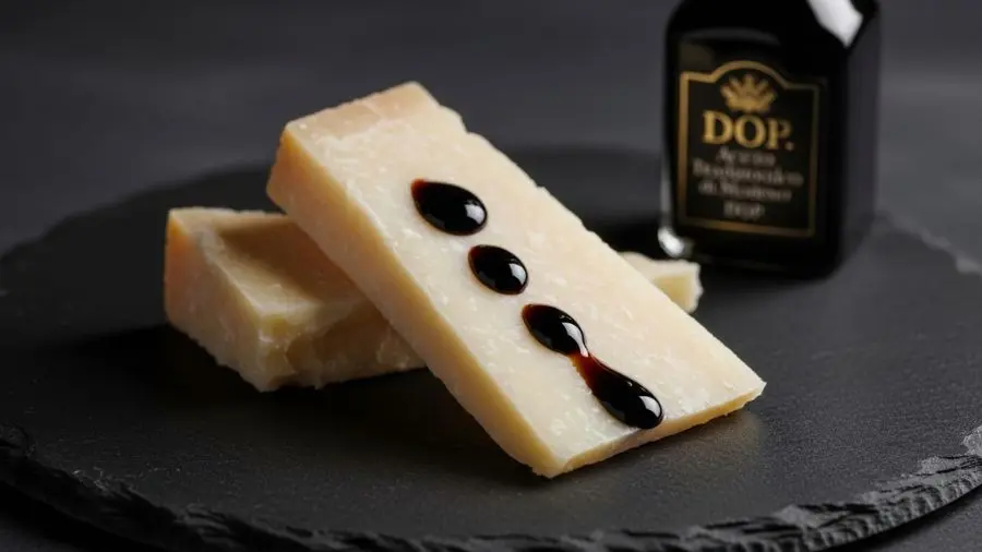 "Emplatamento elegante e mínimo algumas lascas de parmigiano reggiano envelhecido em prato de ardósia escura com 2 a 3 gotas de Aceto Balsamico Tradizionale di Modena DOP brilhando na superfície do queijo gotas quase pretas espessas e redondas capturando a luz como pequenas joias queijo branco e gotas pretas criando contraste visual marcante garrafa DOP visível ao fundo iluminação dramática de restaurante sombria"