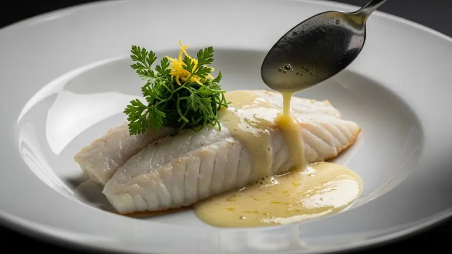 "Emplatamento elegante e preciso de restaurante filé de linguado ou rodovalho perfeitamente cozido em prato de cerâmica branca com sauce vin blanc clássico sendo servido com colher sobre o peixe o molho é brilhante branco-marfim com belo brilho da emulsão de manteiga o molho cobrindo o peixe uniformemente capturando a luz o peixe perfeitamente cozido branco opaco e úmido pequeno feixe de cerefólio fresco e pequena guarnição de raspas de limão completando o emplatamento elegante e mínimo iluminação dramática e sombria de restaurante"