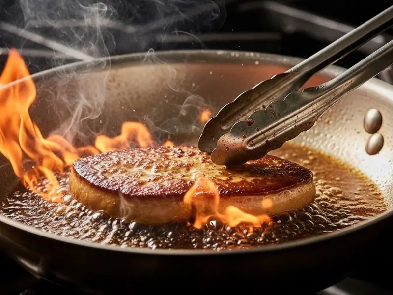 "Escalope de foie gras poêlé selando em frigideira de aço muito quente com chamas nas bordas crosta dourada se formando e fumaça intensa em ação dramática de cozinha" 