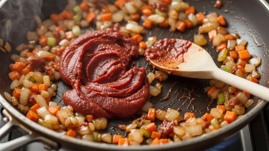 "Extrato de tomate sendo caramelizado com mirepoix na panela — técnica pincer la tomate"