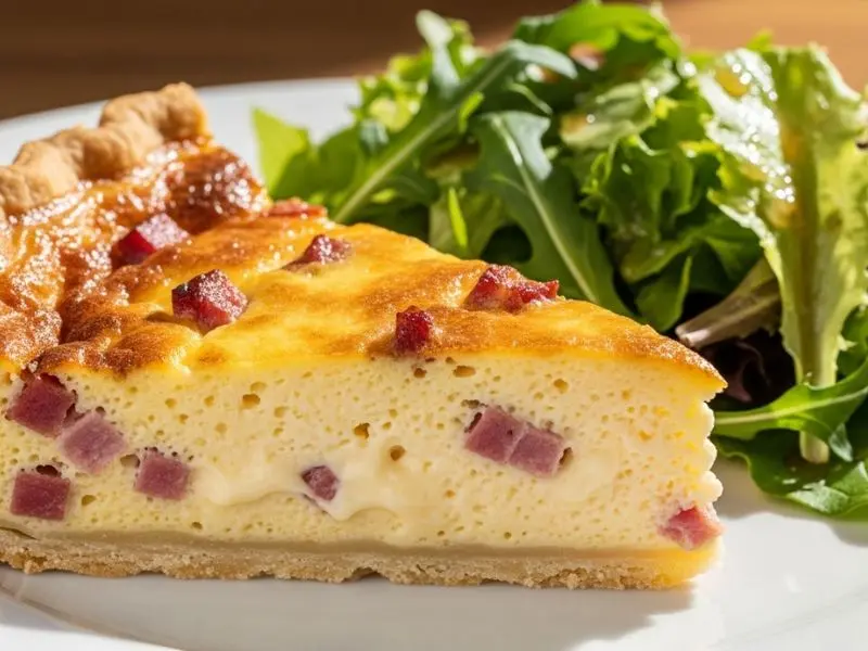 "Fatia de quiche lorraine receita em prato branco mostrando corte perfeito com recheio cremoso lardons visíveis massa crocante e salada verde com vinagrete ao lado"