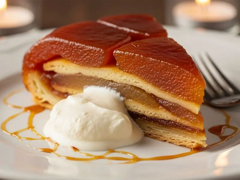 "Fatia de tarte tatin receita em prato branco mostrando corte perfeito com maçãs caramelizadas âmbar no topo massa folhada dourada embaixo e colher de crème fraîche levemente derretendo ao lado" 
