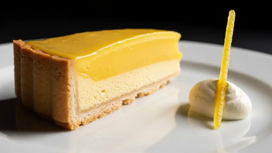  "Fatia perfeita de tarte au citron em prato branco corte transversal mostrando crosta de massa dourada fina e crocante camada espessa de lemon curd liso brilhante e profundamente amarelo bordas de corte limpas curd mantendo forma perfeitamente quenelle pequena de creme fraiche e faixa longa fina de casca de limão cristalizada completando emplatamento elegante em iluminação dramática de restaurante lateral amarelo do curd vívido contra o prato branco" 