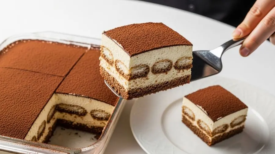 "Fatia quadrada perfeita de tiramisu clássico sendo levantada de travessa de vidro retangular com espátula larga e plana mostrando camadas distintas e impolutas base de savoiardi embebidos em espresso escuro creme central espesso e pálido e topo com cacau peneirado camadas se mantendo unidas sem desmanchar sendo transferida para prato branco em ambiente de restaurante com iluminação dramática de cima" 