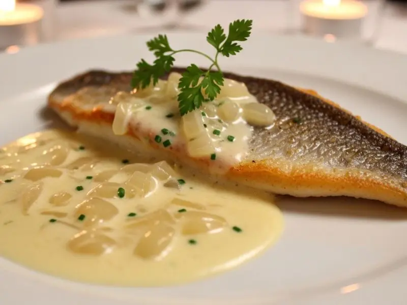 "Filé de robalo selado com pele crocante dourada em prato branco com beurre blanc cor marfim sedoso ao redor com échalote visível e cerefólio fresco em apresentação de fine dining"