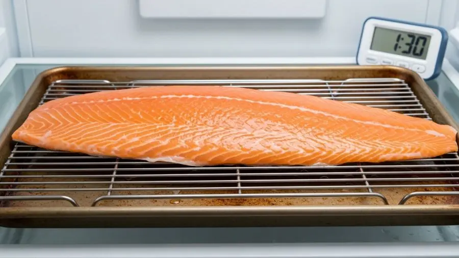 "Filé de salmão em grade sobre assadeira de bordas o salmão foi curado e enxaguado e está agora na fase de formação de película a superfície tem brilho levemente pegajoso e levemente translúcido bonito indicando que a película de proteína se formou corretamente a cor é laranja-rosa mais profundo e concentrado pela cura cronômetro digital no balcão mostrando 1 hora e 30 minutos grade está em geladeira com porta aberta luz natural de cozinha fria"