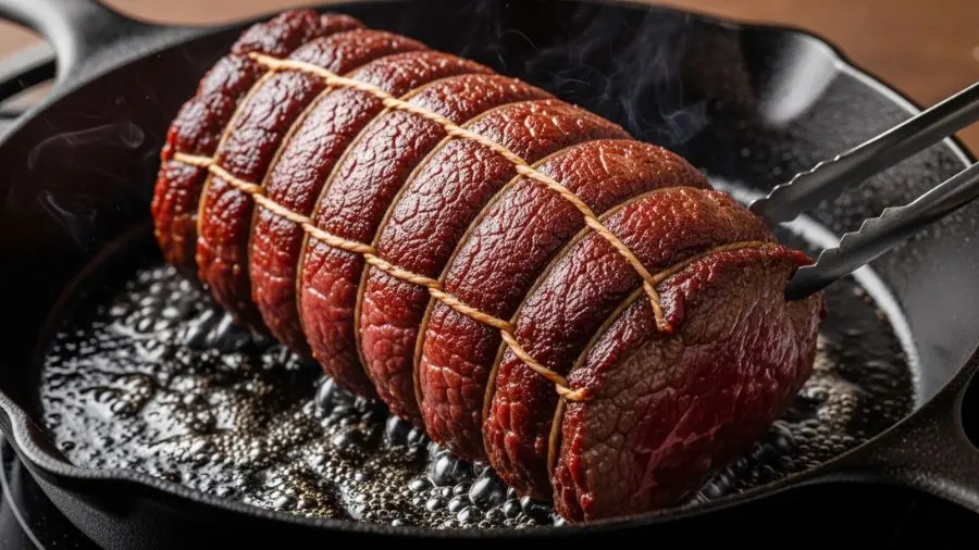 "Filé-mignon inteiro chateaubriand sendo selado em frigideira de ferro fundido muito quente carne amarrada com barbante de cozinha em intervalos regulares mantendo formato cilíndrico superfície mostrando crosta de Maillard intensa e uniforme marrom-mogno profundo em toda superfície incluindo extremidades gordura na frigideira muito quente e levemente fumegando carne sendo virada com pinça para selar todos os lados incluindo extremidades iluminação de cozinha dramática e close-up" 