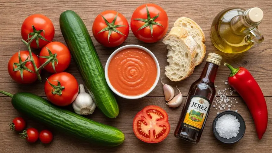 "Flat lay belo e artístico vista de cima em superfície de madeira rústica mostrando todos os ingredientes para gazpacho andaluz autêntico tomates maduros vermelho-profundos alguns inteiros um cortado mostrando o interior pedaço de pão de véspera pepino inteiro pimentão vermelho alguns dentes de alho pequena garrafa de vinagre de Jerez garrafa de azeite e pequena pilha de sal em flocos disposição generosa e natural mise en place antes da sopa iluminação lateral quente e natural"