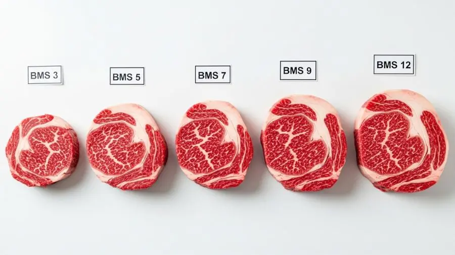 "Flat lay científico e educacional mostrando cinco seções transversais de carne em diferentes níveis de marmoreio dispostas em fileira sobre superfície branca rotuladas com etiquetas pequenas da esquerda para direita BMS 3 BMS 5 BMS 7 BMS 9 BMS 12 com progressão de gordura intramuscular branca contra músculo vermelho profundo claramente visível e dramática de fios brancos esparsos ao BMS 3 até distribuição quase igual de gordura e músculo ao BMS 12 em iluminação overhead limpa e uniforme"