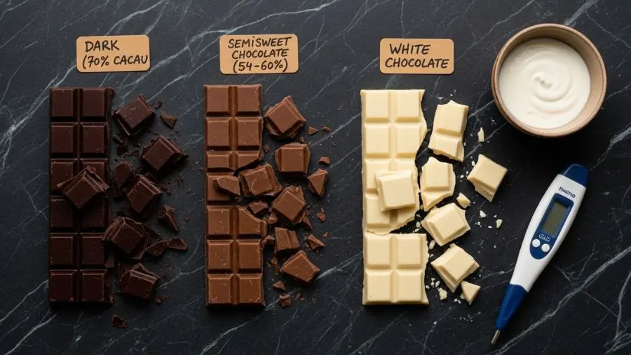 "Flat lay elegante em mármore escuro mostrando três tipos de barras de chocolate quebradas em pedaços com etiquetas manuscritas chocolate amargo 70 por cento marrom escuro quase preto chocolate meio amargo 54 a 60 por cento marrom rico e chocolate branco cor marfim cada um mostrando textura e quebra de chocolate de cobertura de qualidade com tigela de creme de leite e termômetro digital em iluminação natural lateral direcional"