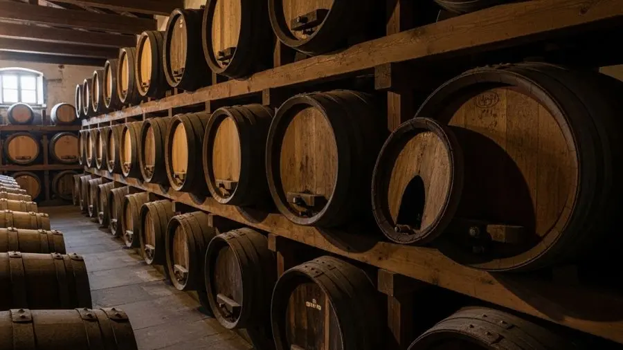 "Fotografia atmosférica bela de acetaia modenesa tradicional vinagreira no sótão fileiras de barris de madeira de tamanhos decrescentes dispostos em prateleiras de madeira em sótão antigo e levemente iluminado barris escuros com a idade carvalho castanho cerejeira amoreira cada um com cor ligeiramente diferente de madeira alguns abertos mostrando o líquido escuro e concentrado dentro partículas de poeira flutuando em raios de luz vindo por janelas pequenas cena antiga paciente artesanal"
