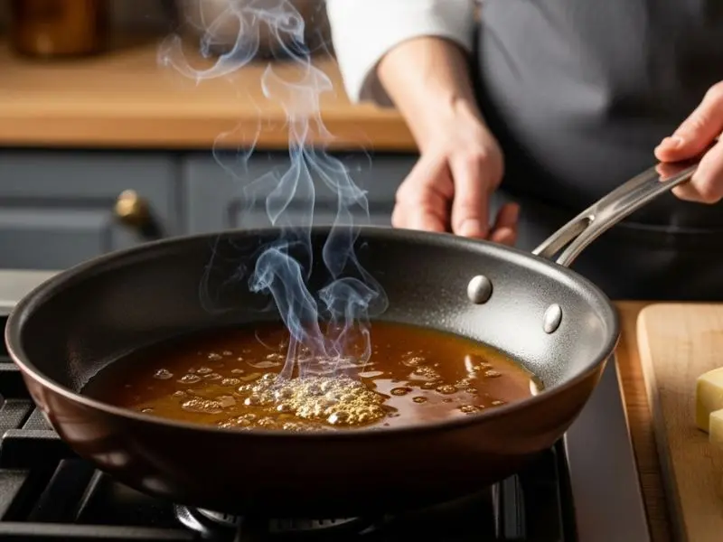 "Frigideira de ferro fundido com caramelo seco no ponto âmbar perfeito cor dourado-marrom intenso levemente fumegante com cubos de manteiga gelada ao lado para tarte tatin receita"
