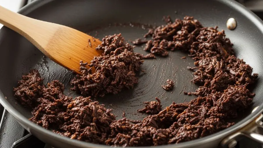 "Frigideira larga mostrando duxelles de cogumelos perfeitamente cozidos no estágio seco ideal pasta de cogumelos marrom-escura quase preta completamente seca superfície da frigideira completamente limpa sem umidade ou vapor mistura se movendo livremente quando espátula raspa a frigideira sem resíduos úmidos grudando cor profunda e rica quase como pasta espátula de madeira mostrando a textura calor alto aplicado contexto claramente de cozinha profissional"