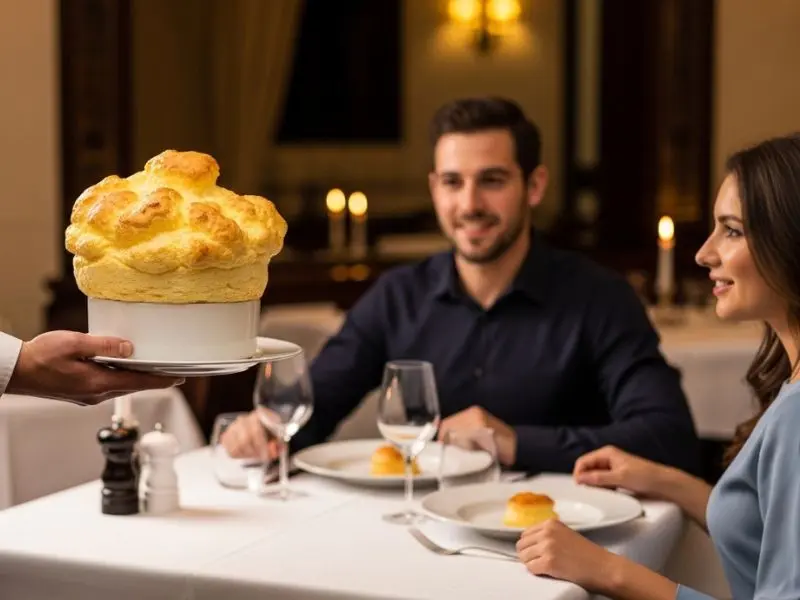 "Garçom carregando soufflé de queijo perfeitamente alto até mesa de restaurante francês elegante com casal aguardando sob luz de velas em serviço teatral e urgente"