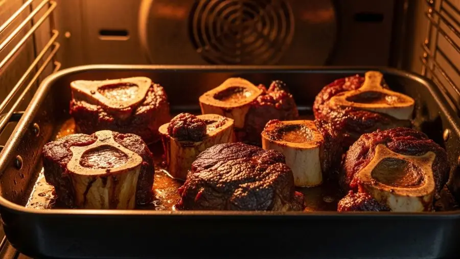 "Grande assadeira em forno muito quente mostrando ossos de vitela e boi em processo de tostagem os ossos desenvolveram cor mogno-marrom profunda e uniforme da reação de Maillard não queimados pretos mas rico marrom caramelo profundo por toda parte gordura derretida na assadeira tem cor dourada alguns pequenos pedaços de carne presa nos ossos mostram a crosta caramelizada bela porta do forno visível ao fundo brilhando laranja com o calor intenso a cena comunica a cor certa escura aromática caramelizada mas não carbonizada"