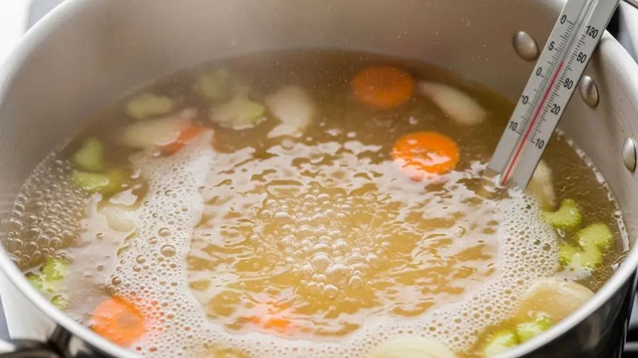 "Grande panela com fundo de vitela em progresso no estágio frémissement a superfície do líquido mostra apenas o movimento de tremor mais suave bolhas quase imperceptíveis surgindo nas bordas não é fervura vigorosa a cor do líquido já é um belo dourado pálido pedaços de mirepoix cebola cenoura salsão apenas visíveis através do líquido translúcido camada fina de vapor subindo suavemente sonda de termômetro mostrando aproximadamente 92 graus celsius a cena comunica paciência e controle isso é o oposto de uma fervura vigorosa"