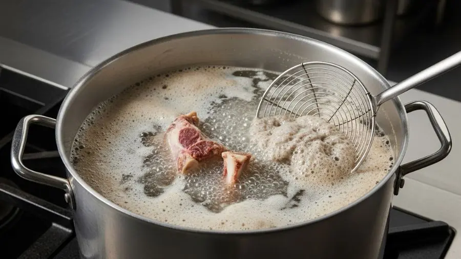 "Grande panela de inox no fogão durante o processo de branqueamento água em fervura vigorosa com quantidade significativa de espuma cinza-marrom e impurezas flutuando na superfície ossos de vitela claramente visíveis abaixo da espuma escumadeira grande removendo parte da espuma a cena ilustra claramente por que o branqueamento é necessário o impacto visual das impurezas removidas é marcante cenário de cozinha profissional com superfícies de inox iluminação overhead dramática"