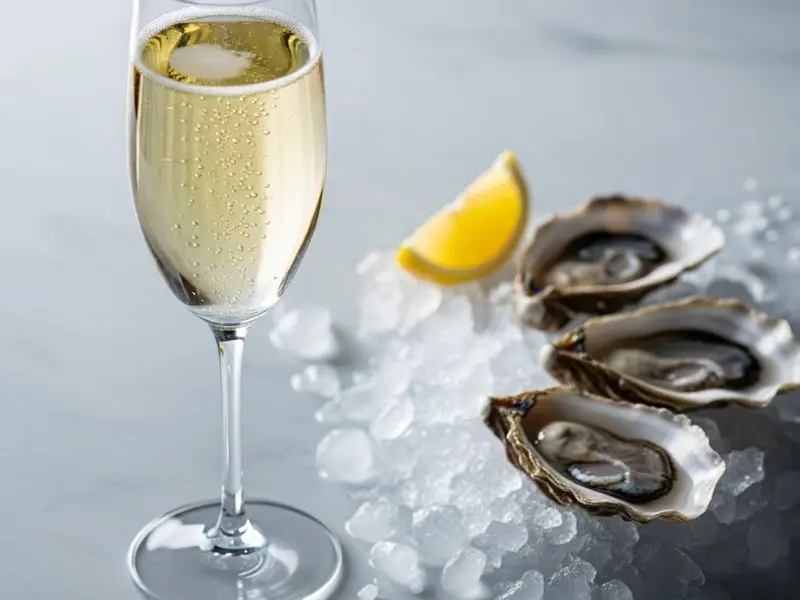 "Harmonização champagne blanc de blancs com taça de espumante dourado pálido com bolhas finas ao lado de três ostras frescas no gelo com limão e flor de sal em superfície de mármore" 