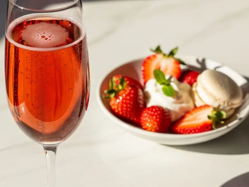 "Harmonização champagne rosé com taça de espumante cor salmão profundo com bolhas finas ao lado de morangos frescos e chantilly leve em mármore branco com luz natural quente"